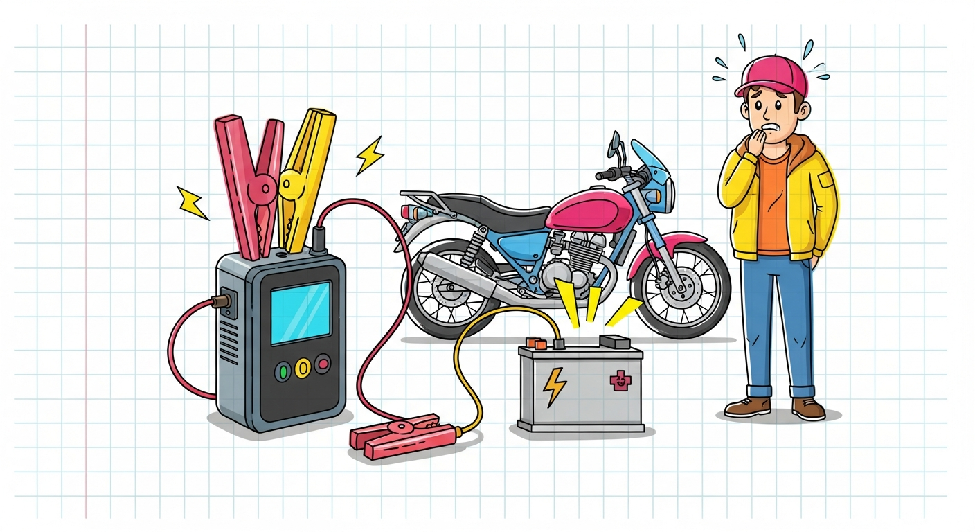 バイクのバッテリー上がりにジャンプスターターを使うイメージイラスト