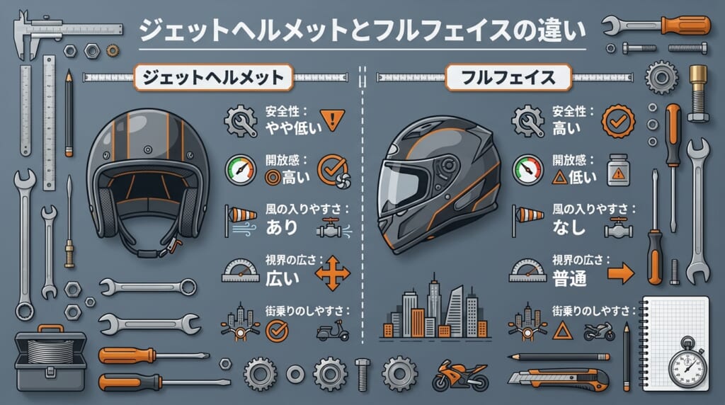 ジェットヘルメットとフルフェイスの違い
