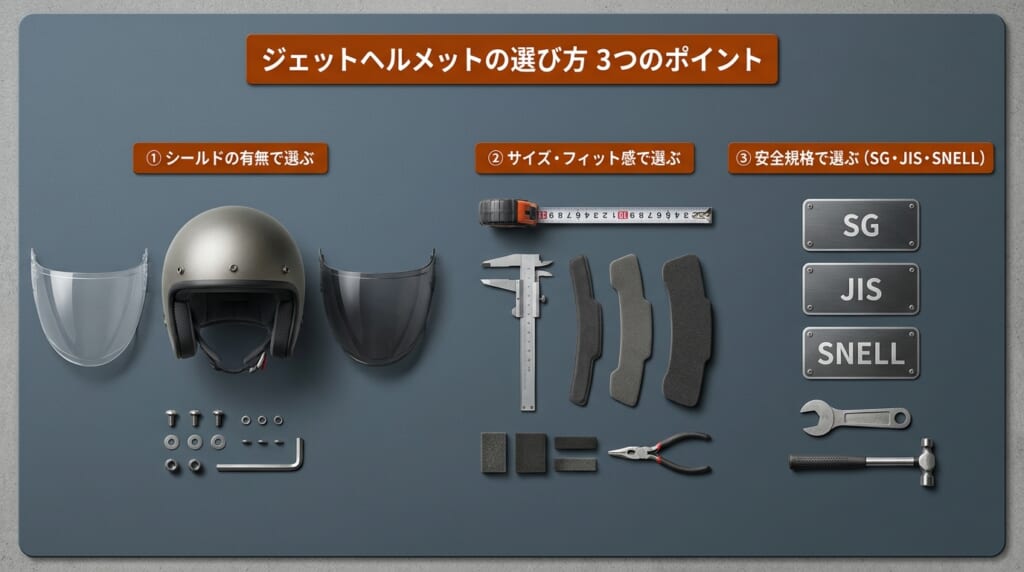 ジェットヘルメットの選び方 3つのポイント
